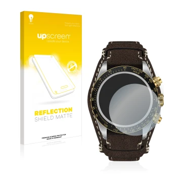 Parte frontal de un envase de producto con el logotipo de la marca upscreen. Al lado se muestra el dispositivo Tudor Black Bay