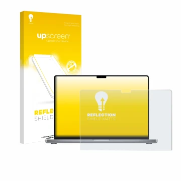 Parte frontal de un envase de producto con el logotipo de la marca upscreen. Al lado se muestra el dispositivo Apple MacBook P