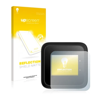 Parte frontal de un envase de producto con el logotipo de la marca upscreen. Al lado se muestra el dispositivo Netgear Nightha