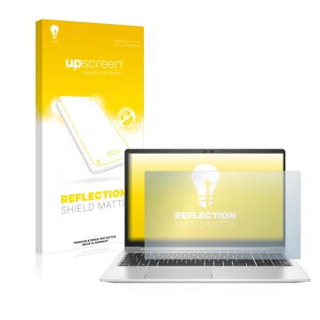 Parte frontal de un envase de producto con el logotipo de la marca upscreen. Al lado se muestra el dispositivo HP EliteBook 65