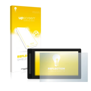 Parte frontal de un envase de producto con el logotipo de la marca upscreen. Al lado se muestra el dispositivo Huion Kamvas Pr