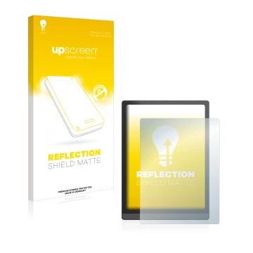 Parte frontal de un envase de producto con el logotipo de la marca upscreen. Al lado se muestra el dispositivo Boox Tab X con 