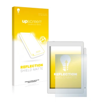 Parte frontal de un envase de producto con el logotipo de la marca upscreen. Al lado se muestra el dispositivo Boox Nova Air 2