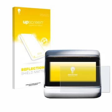 Parte frontal de un envase de producto con el logotipo de la marca upscreen. Al lado se muestra el dispositivo Tesla Model X P