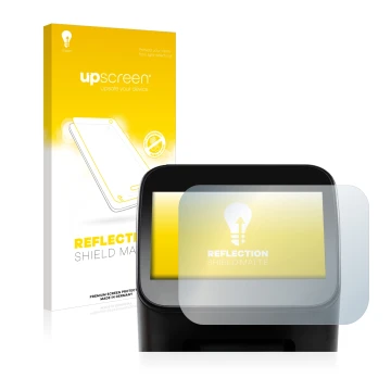 Parte frontal de un envase de producto con el logotipo de la marca upscreen. Al lado se muestra el dispositivo Shaper Origin G