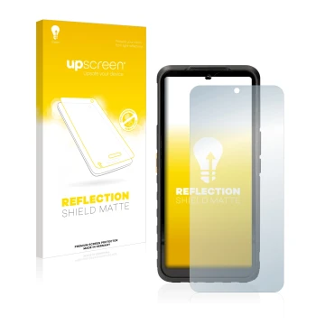 Parte frontal de un envase de producto con el logotipo de la marca upscreen. Al lado se muestra el dispositivo Caterpillar Cat