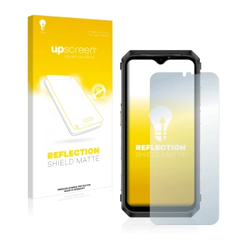 Parte frontal de un envase de producto con el logotipo de la marca upscreen. Al lado se muestra el dispositivo Ulefone Power A