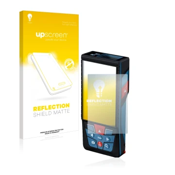 Parte frontal de un envase de producto con el logotipo de la marca upscreen. Al lado se muestra el dispositivo Bosch GLM 150-2