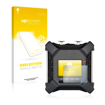 Parte frontal de un envase de producto con el logotipo de la marca upscreen. Al lado se muestra el dispositivo Zoom F3 field r
