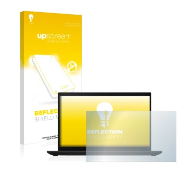 Parte frontal de un envase de producto con el logotipo de la marca upscreen. Al lado se muestra el dispositivo Lenovo ThinkPad