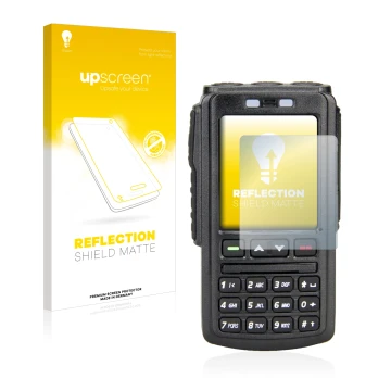 Parte frontal de un envase de producto con el logotipo de la marca upscreen. Al lado se muestra el dispositivo AnyTone BT-01 c