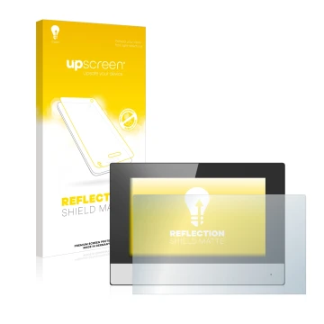 Parte frontal de un envase de producto con el logotipo de la marca upscreen. Al lado se muestra el dispositivo Hikvision DS-KH