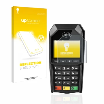 Parte frontal de un envase de producto con el logotipo de la marca upscreen. Al lado se muestra el dispositivo ingenico Desk/1