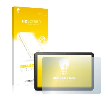 Parte frontal de un envase de producto con el logotipo de la marca upscreen. Al lado se muestra el dispositivo Doro Tablet 10.