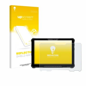 Parte frontal de un envase de producto con el logotipo de la marca upscreen. Al lado se muestra el dispositivo Dell Latitude 7