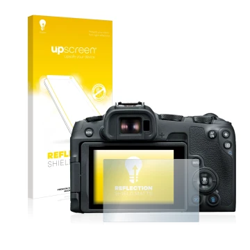 Parte frontal de un envase de producto con el logotipo de la marca upscreen. Al lado se muestra el dispositivo Canon EOS R8 co