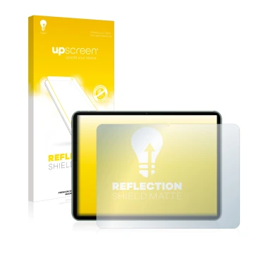 Parte frontal de un envase de producto con el logotipo de la marca upscreen. Al lado se muestra el dispositivo OnePlus Pad con