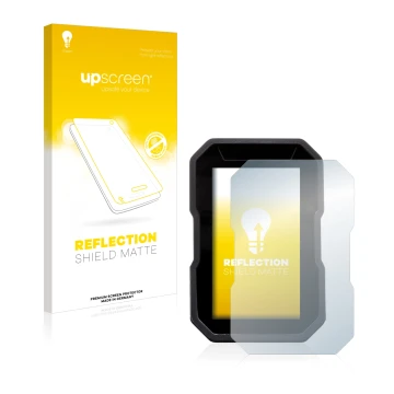 Parte frontal de un envase de producto con el logotipo de la marca upscreen. Al lado se muestra el dispositivo Ducati DesertX 