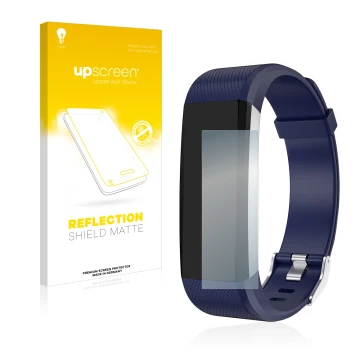Parte frontal de un envase de producto con el logotipo de la marca upscreen. Al lado se muestra el dispositivo Lebexy 1.54 