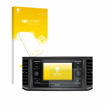 Parte frontal de un envase de producto con el logotipo de la marca upscreen. Al lado se muestra el dispositivo Volkswagen Craf