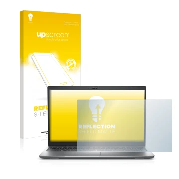 Parte frontal de un envase de producto con el logotipo de la marca upscreen. Al lado se muestra el dispositivo Dell Latitude 5