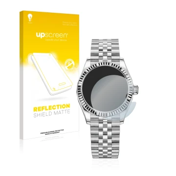 Parte frontal de un envase de producto con el logotipo de la marca upscreen. Al lado se muestra el dispositivo Rolex Datejust 