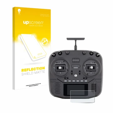 Parte frontal de un envase de producto con el logotipo de la marca upscreen. Al lado se muestra el dispositivo Radiomaster Box