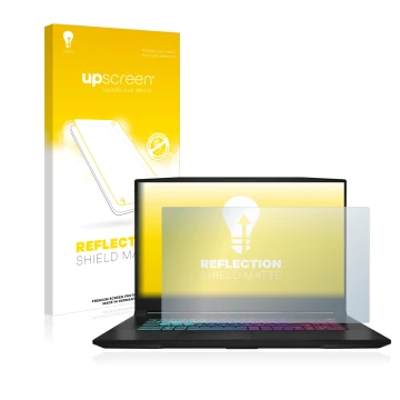 Parte frontal de un envase de producto con el logotipo de la marca upscreen. Al lado se muestra el dispositivo MSI Katana 17 B