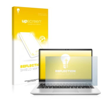 Parte frontal de un envase de producto con el logotipo de la marca upscreen. Al lado se muestra el dispositivo HP ProBook 445 