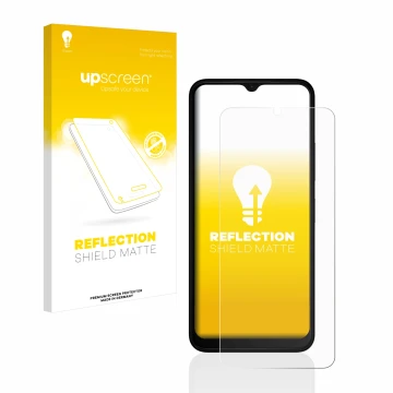 Parte frontal de un envase de producto con el logotipo de la marca upscreen. Al lado se muestra el dispositivo Nokia C32 con s