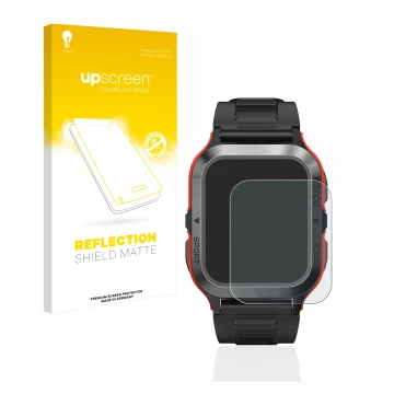 Parte frontal de un envase de producto con el logotipo de la marca upscreen. Al lado se muestra el dispositivo Kospet Tank M2 