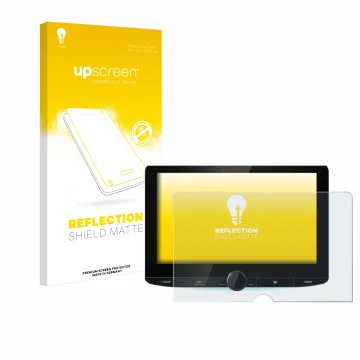 Parte frontal de un envase de producto con el logotipo de la marca upscreen. Al lado se muestra el dispositivo Kenwood DNR992R