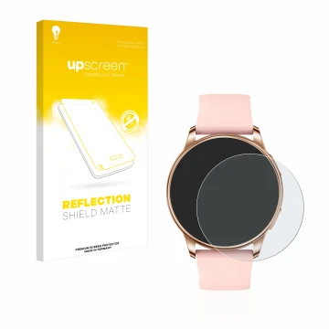 Parte frontal de un envase de producto con el logotipo de la marca upscreen. Al lado se muestra el dispositivo Levowatch F2 co