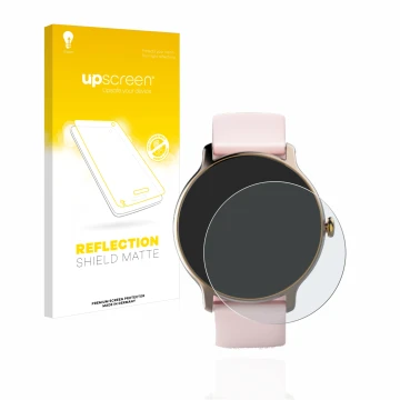 Parte frontal de un envase de producto con el logotipo de la marca upscreen. Al lado se muestra el dispositivo Hama Fit Watch 