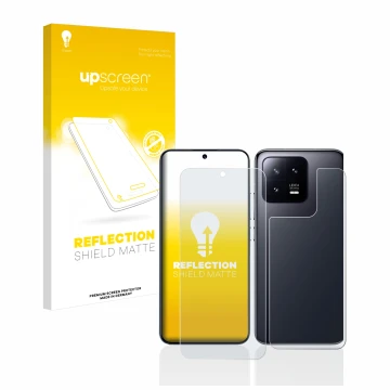 Parte frontal de un envase de producto con el logotipo de la marca upscreen. Al lado se muestra el dispositivo Xiaomi 13 (Fron