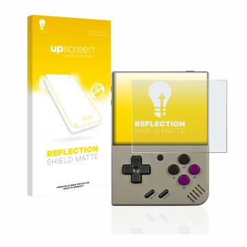 Parte frontal de un envase de producto con el logotipo de la marca upscreen. Al lado se muestra el dispositivo Miyoo Mini Plus