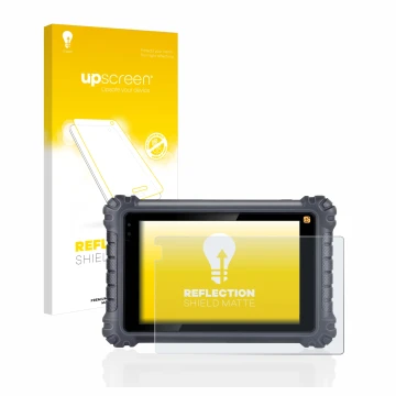 Parte frontal de un envase de producto con el logotipo de la marca upscreen. Al lado se muestra el dispositivo Autel MaxiCom M