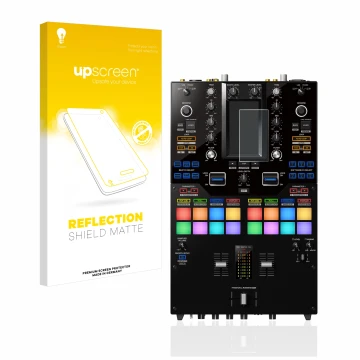 Parte frontal de un envase de producto con el logotipo de la marca upscreen. Al lado se muestra el dispositivo Pioneer DJM-S11