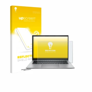 Parte frontal de un envase de producto con el logotipo de la marca upscreen. Al lado se muestra el dispositivo HP Zbook Firefl