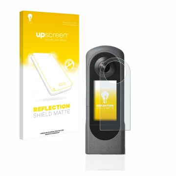 Parte frontal de un envase de producto con el logotipo de la marca upscreen. Al lado se muestra el dispositivo Ricoh Theta X c