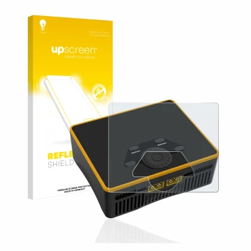 Parte frontal de un envase de producto con el logotipo de la marca upscreen. Al lado se muestra el dispositivo Junsi iCharger 