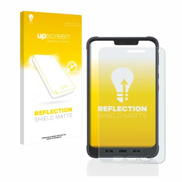 Parte frontal de un envase de producto con el logotipo de la marca upscreen. Al lado se muestra el dispositivo Samsung Galaxy 