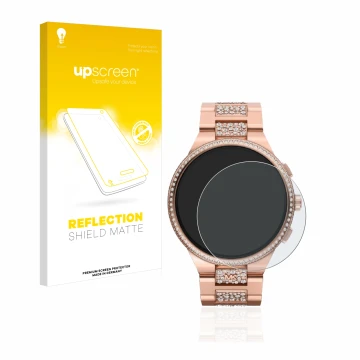 Parte frontal de un envase de producto con el logotipo de la marca upscreen. Al lado se muestra el dispositivo Michael Kors Ca