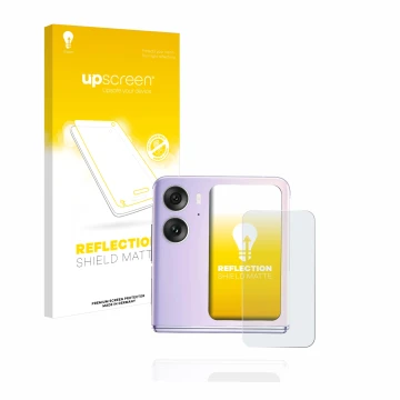 Parte frontal de un envase de producto con el logotipo de la marca upscreen. Al lado se muestra el dispositivo Oppo Find N2 Fl