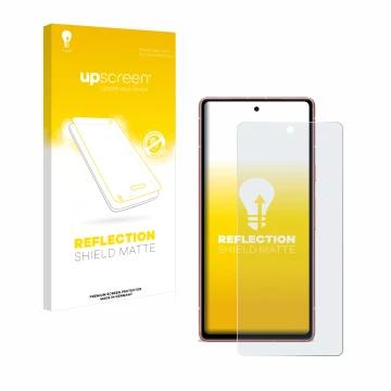 Parte frontal de un envase de producto con el logotipo de la marca upscreen. Al lado se muestra el dispositivo Google Pixel 7a