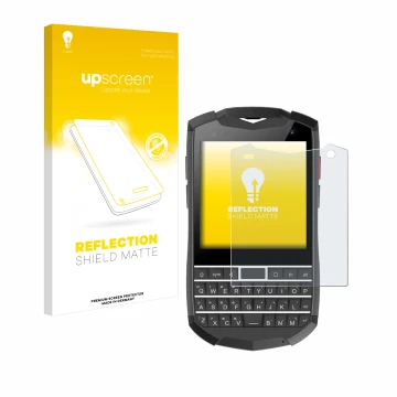 Parte frontal de un envase de producto con el logotipo de la marca upscreen. Al lado se muestra el dispositivo Unihertz Titan 