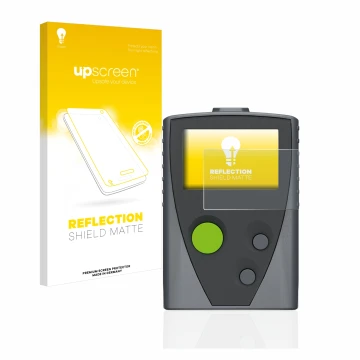 Parte frontal de un envase de producto con el logotipo de la marca upscreen. Al lado se muestra el dispositivo Swissphone Boss