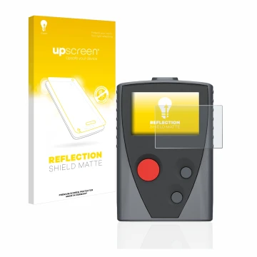 Parte frontal de un envase de producto con el logotipo de la marca upscreen. Al lado se muestra el dispositivo Swissphone Boss