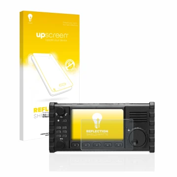 Parte frontal de un envase de producto con el logotipo de la marca upscreen. Al lado se muestra el dispositivo Xiegu X6100 HF-