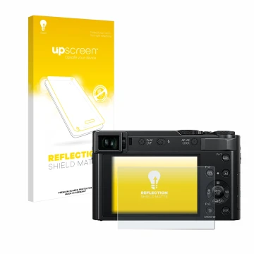 Parte frontal de un envase de producto con el logotipo de la marca upscreen. Al lado se muestra el dispositivo Panasonic Lumix